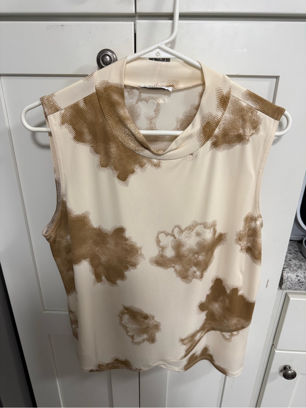 Calvin Klein Cream Sleeveless Mock Neck Tank with Brown Print